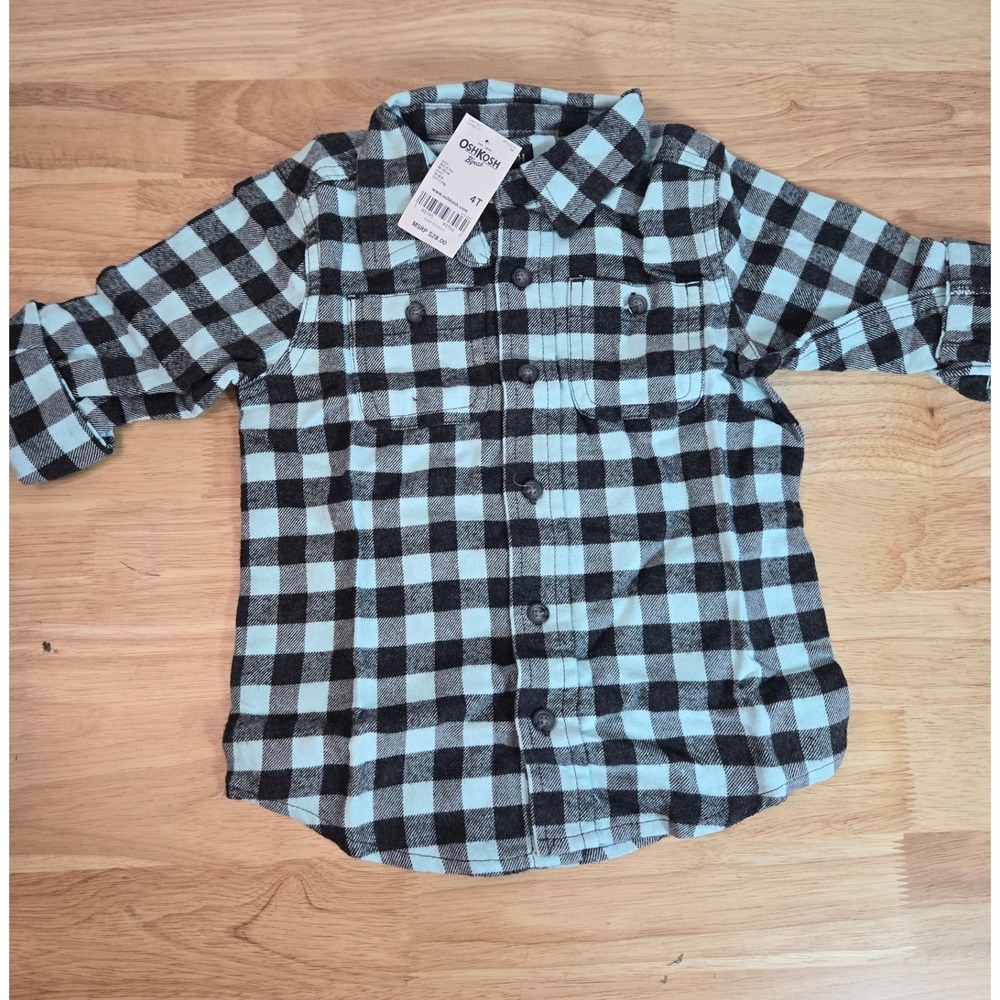 OshKosh Bgosh Boys 4T Blue Black Buffalo Plaid Flannel Button Down Shirt NWT